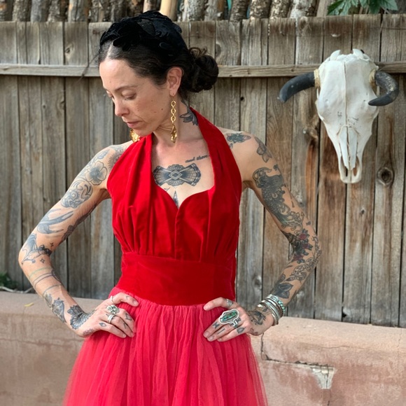Vintage 1950s Bombshell Red Velvet Party Dress S/M - Picture 2 of 16